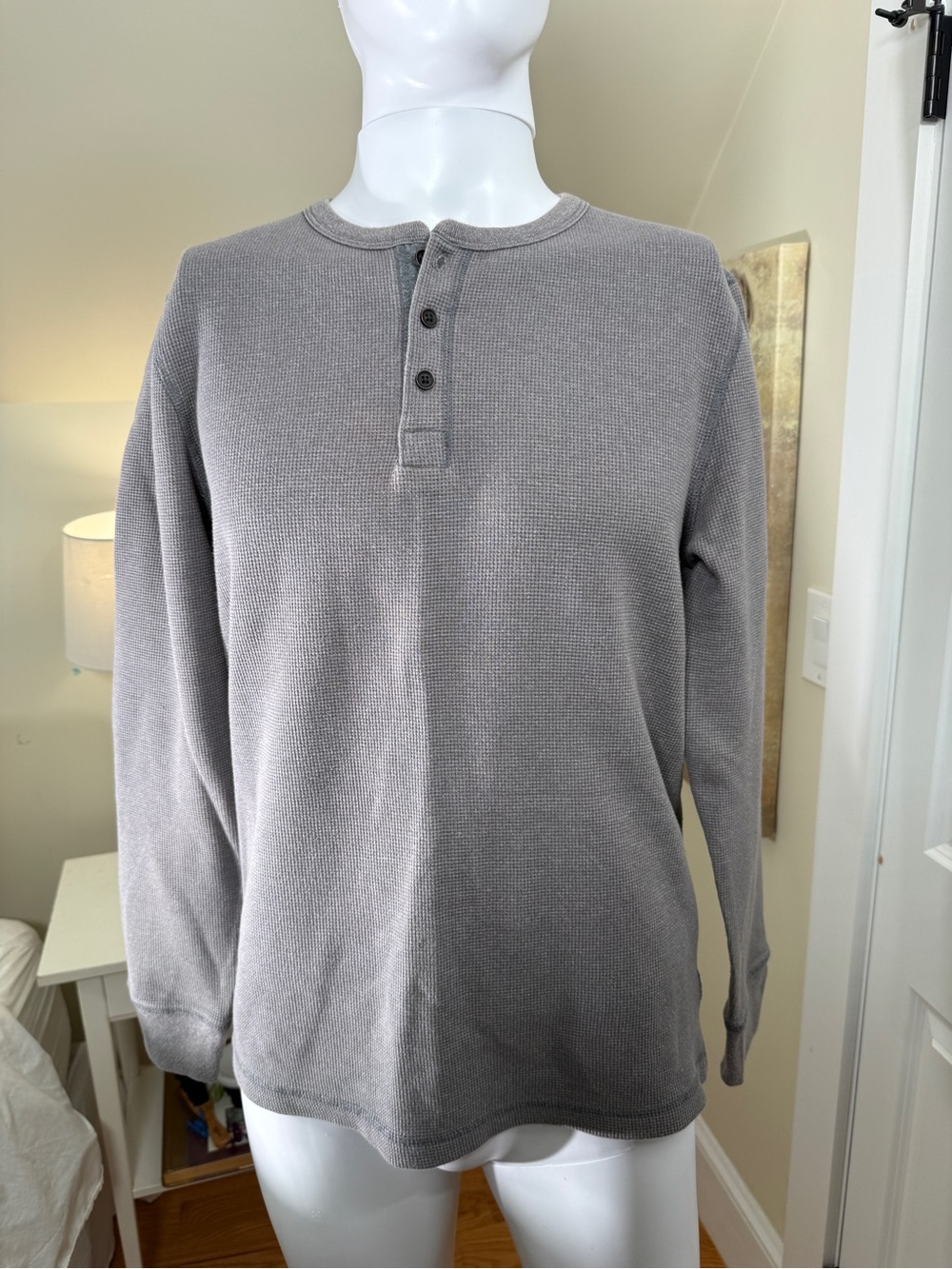 George Men’s Gray Waffle Knit Henley Long Sleeve Shirt Medium M Thermal Top